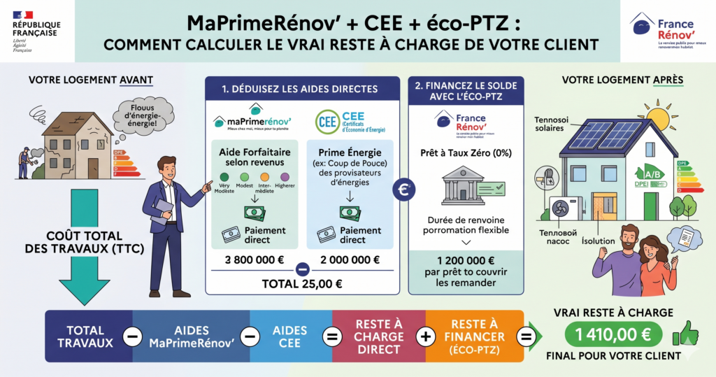 MaPrimeRénov' + CEE + éco-PTZ : comment calculer le vrai reste à charge de votre client