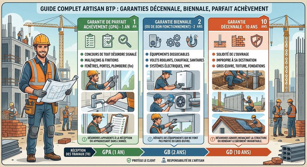 Garantie décennale, biennale et parfait achèvement : guide complet artisan BTP